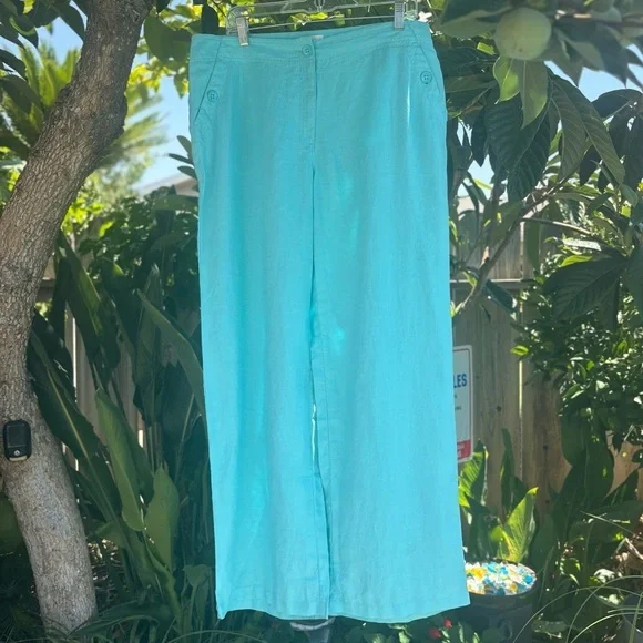 Chico’s Turquoise 100% Linen Wide Leg Flat Front Four Pocket Pants Size Large - Picture 3 of 10